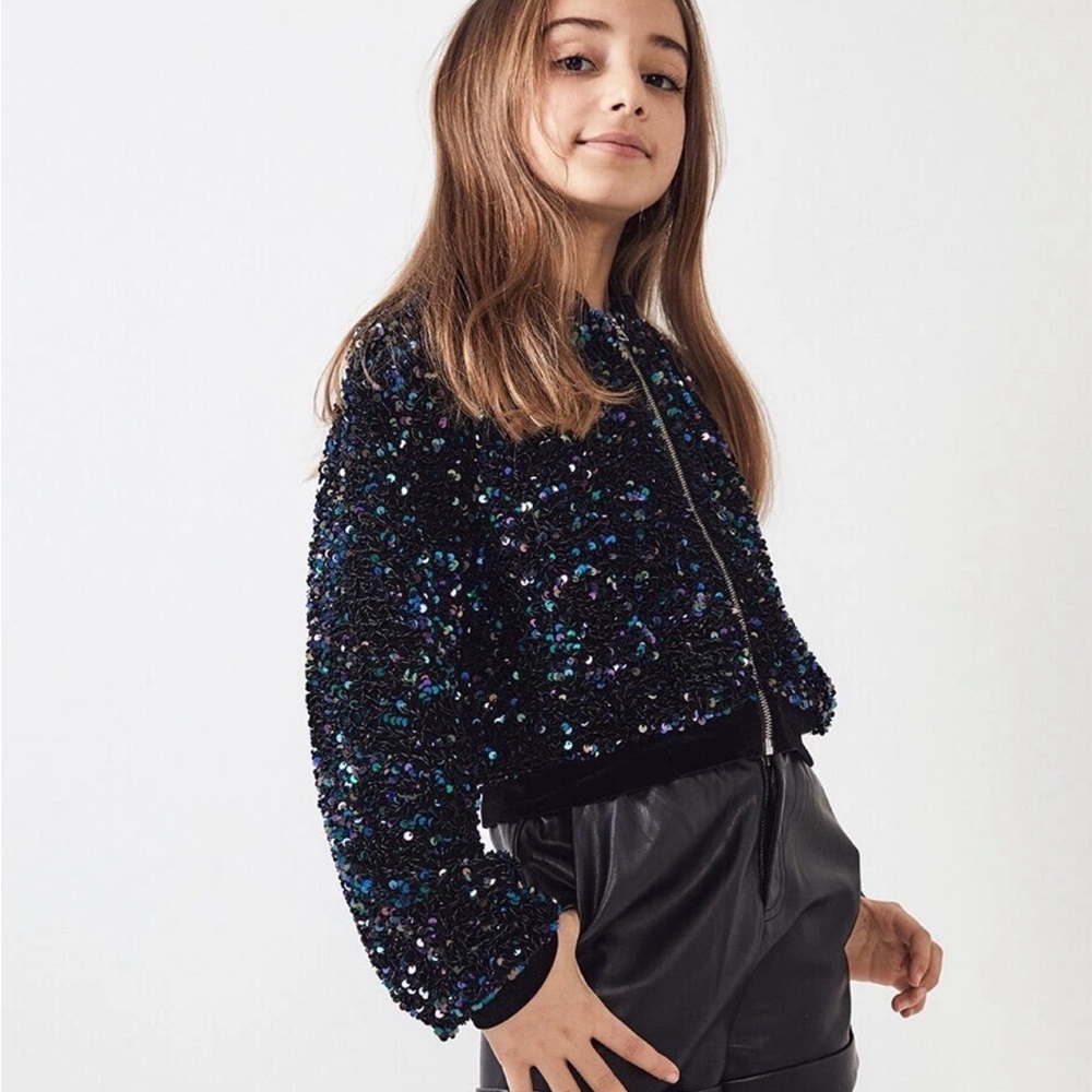Bardot Girl's Nikki Sequined Sparkle Bomber Jacket Size 14 NWOT